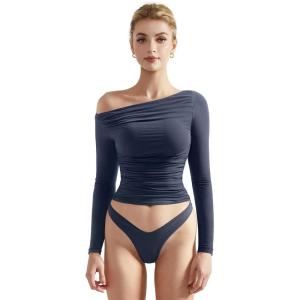 imageSUUKSESS Women Off Shoulder Long Sleeve Shirts Double Lined Fitted Crop TopsNavy Blue