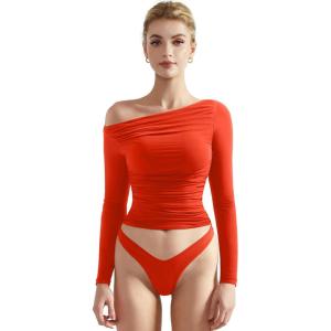 imageSUUKSESS Women Off Shoulder Long Sleeve Shirts Double Lined Fitted Crop TopsRed