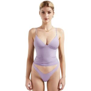 imageSUUKSESS Women Sexy Deep V Neck Sleeveless Fitted Basic Tops Y2K Tank Top CamiLight Purple