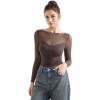 imageSUUKSESS Women Double Line Mesh Sheer Crop Tank Tops Boat Neck Long Sleeve ShirtsCoffee