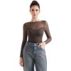 imageSUUKSESS Women Double Line Mesh Sheer Crop Tank Tops Boat Neck Long Sleeve ShirtsCoffee