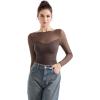 imageSUUKSESS Women Double Line Mesh Sheer Crop Tank Tops Boat Neck Long Sleeve ShirtsCoffee