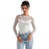 imageSUUKSESS Women Double Line Mesh Sheer Crop Tank Tops Boat Neck Long Sleeve ShirtsCream
