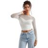 imageSUUKSESS Women Double Line Mesh Sheer Crop Tank Tops Boat Neck Long Sleeve ShirtsCream