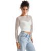 imageSUUKSESS Women Double Line Mesh Sheer Crop Tank Tops Boat Neck Long Sleeve ShirtsCream