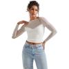 imageSUUKSESS Women Double Line Mesh Sheer Crop Tank Tops Boat Neck Long Sleeve ShirtsCream