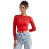 imageSUUKSESS Women Double Line Mesh Sheer Crop Tank Tops Boat Neck Long Sleeve ShirtsDream Red