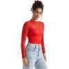 imageSUUKSESS Women Double Line Mesh Sheer Crop Tank Tops Boat Neck Long Sleeve ShirtsDream Red