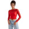 imageSUUKSESS Women Double Line Mesh Sheer Crop Tank Tops Boat Neck Long Sleeve ShirtsDream Red