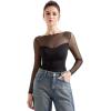 imageSUUKSESS Women Double Line Mesh Sheer Crop Tank Tops Boat Neck Long Sleeve ShirtsJet Black