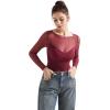 imageSUUKSESS Women Double Line Mesh Sheer Crop Tank Tops Boat Neck Long Sleeve ShirtsWine