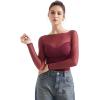 imageSUUKSESS Women Double Line Mesh Sheer Crop Tank Tops Boat Neck Long Sleeve ShirtsWine