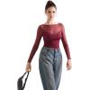 imageSUUKSESS Women Double Line Mesh Sheer Crop Tank Tops Boat Neck Long Sleeve ShirtsWine