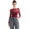 imageSUUKSESS Women Double Line Mesh Sheer Crop Tank Tops Boat Neck Long Sleeve ShirtsWine