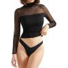 imageSUUKSESS Women Double Line Mesh Sheer Crop Tank Tops Mock Neck Long Sleeve ShirtsBlack