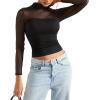 imageSUUKSESS Women Double Line Mesh Sheer Crop Tank Tops Mock Neck Long Sleeve ShirtsBlack