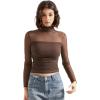 imageSUUKSESS Women Double Line Mesh Sheer Crop Tank Tops Mock Neck Long Sleeve ShirtsBrown