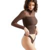 imageSUUKSESS Women Double Line Mesh Sheer Crop Tank Tops Mock Neck Long Sleeve ShirtsBrown