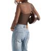 imageSUUKSESS Women Double Line Mesh Sheer Crop Tank Tops Mock Neck Long Sleeve ShirtsBrown