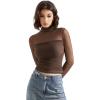 imageSUUKSESS Women Double Line Mesh Sheer Crop Tank Tops Mock Neck Long Sleeve ShirtsBrown
