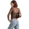 imageSUUKSESS Women Double Line Mesh Sheer Crop Tank Tops Mock Neck Long Sleeve ShirtsBrown