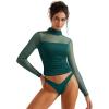 imageSUUKSESS Women Double Line Mesh Sheer Crop Tank Tops Mock Neck Long Sleeve ShirtsDark Green