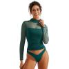 imageSUUKSESS Women Double Line Mesh Sheer Crop Tank Tops Mock Neck Long Sleeve ShirtsDark Green