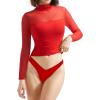 imageSUUKSESS Women Double Line Mesh Sheer Crop Tank Tops Mock Neck Long Sleeve ShirtsDream Red
