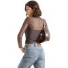 imageSUUKSESS Women Double Line Mesh Sheer Crop Tank Tops Mock Neck Long Sleeve ShirtsMocha