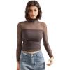imageSUUKSESS Women Double Line Mesh Sheer Crop Tank Tops Mock Neck Long Sleeve ShirtsMocha