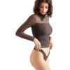 imageSUUKSESS Women Double Line Mesh Sheer Crop Tank Tops Mock Neck Long Sleeve ShirtsMocha