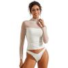 imageSUUKSESS Women Double Line Mesh Sheer Crop Tank Tops Mock Neck Long Sleeve ShirtsWhite
