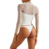 imageSUUKSESS Women Double Line Mesh Sheer Crop Tank Tops Mock Neck Long Sleeve ShirtsWhite