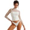 imageSUUKSESS Women Double Line Mesh Sheer Crop Tank Tops Mock Neck Long Sleeve ShirtsWhite