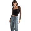 imageSUUKSESS Women Sexy Mesh Long Sleeve Tops Trendy Square Neck Going Out T ShirtsBlack