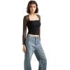 imageSUUKSESS Women Sexy Mesh Long Sleeve Tops Trendy Square Neck Going Out T ShirtsBlack