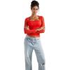 imageSUUKSESS Women Sexy Mesh Long Sleeve Tops Trendy Square Neck Going Out T ShirtsRed