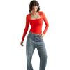 imageSUUKSESS Women Sexy Mesh Long Sleeve Tops Trendy Square Neck Going Out T ShirtsRed