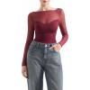 imageSUUKSESS Women Double Line Mesh Sheer Crop Tank Tops Boat Neck Long Sleeve ShirtsWine