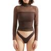 imageSUUKSESS Women Double Line Mesh Sheer Crop Tank Tops Mock Neck Long Sleeve ShirtsBrown