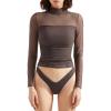 imageSUUKSESS Women Double Line Mesh Sheer Crop Tank Tops Mock Neck Long Sleeve ShirtsMocha