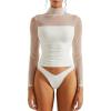 imageSUUKSESS Women Double Line Mesh Sheer Crop Tank Tops Mock Neck Long Sleeve ShirtsWhite