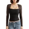 imageSUUKSESS Women Sexy Mesh Long Sleeve Tops Trendy Square Neck Going Out T ShirtsBlack