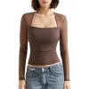 imageSUUKSESS Women Sexy Mesh Long Sleeve Tops Trendy Square Neck Going Out T ShirtsBrown