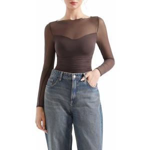 imageSUUKSESS Women Double Line Mesh Sheer Crop Tank Tops Boat Neck Long Sleeve ShirtsCoffee