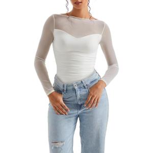 imageSUUKSESS Women Double Line Mesh Sheer Crop Tank Tops Boat Neck Long Sleeve ShirtsCream