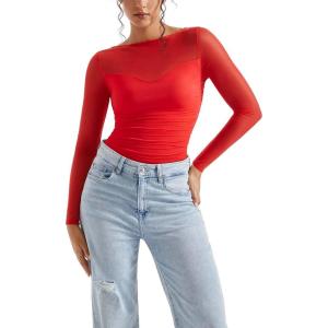 imageSUUKSESS Women Double Line Mesh Sheer Crop Tank Tops Boat Neck Long Sleeve ShirtsDream Red