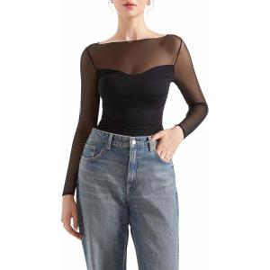 imageSUUKSESS Women Double Line Mesh Sheer Crop Tank Tops Boat Neck Long Sleeve ShirtsJet Black