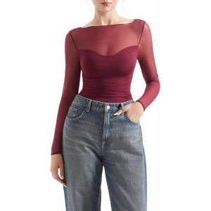 imageSUUKSESS Women Double Line Mesh Sheer Crop Tank Tops Boat Neck Long Sleeve ShirtsWine