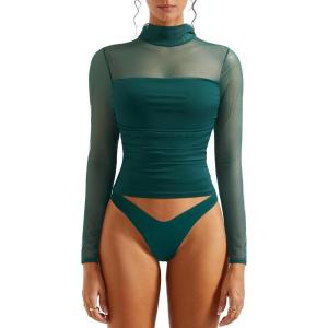 imageSUUKSESS Women Double Line Mesh Sheer Crop Tank Tops Mock Neck Long Sleeve ShirtsDark Green